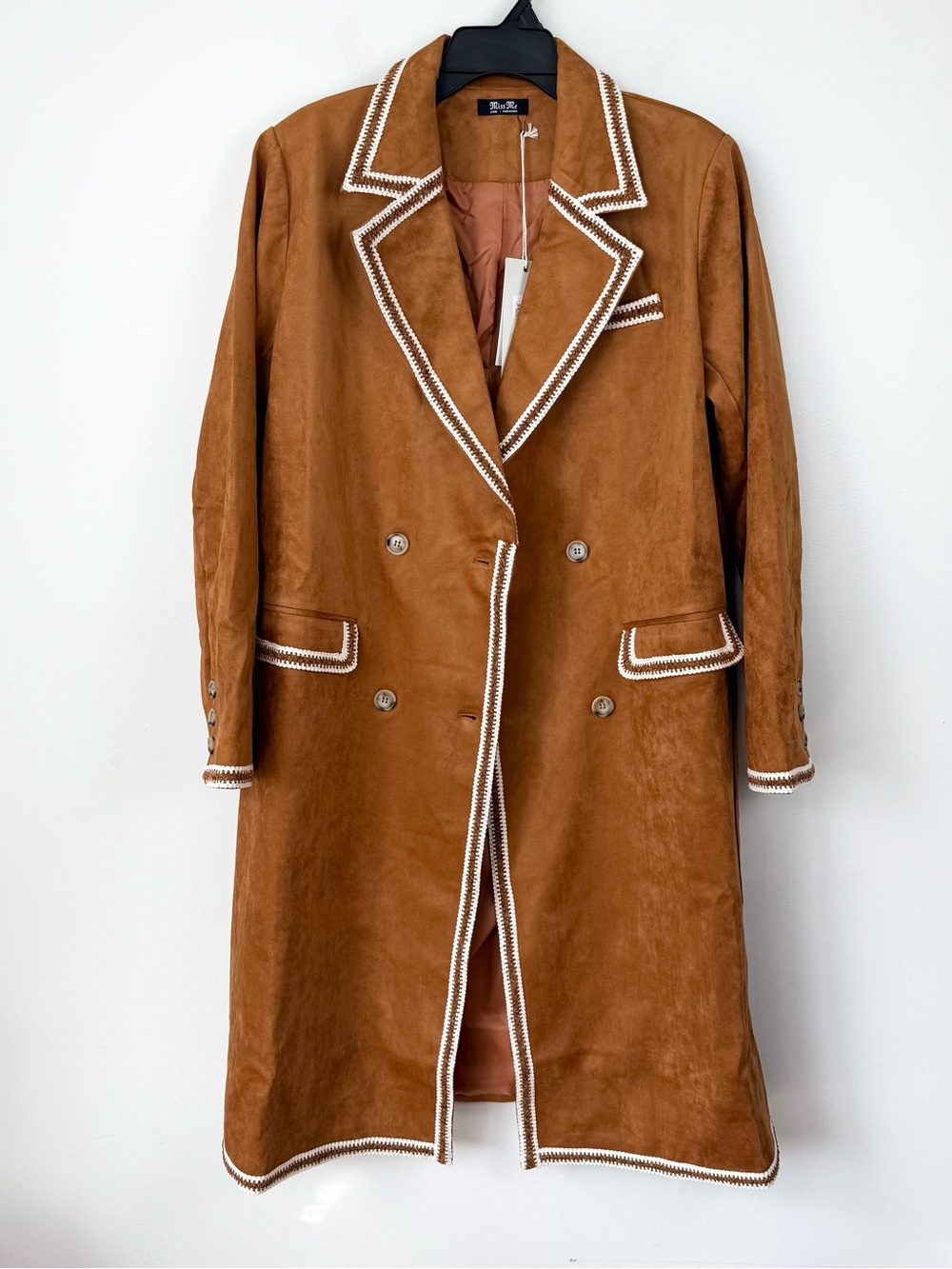 NWT Miss Me Faux Suede Double Breasted Trench Coat Whipstitch Crochet Trim Large